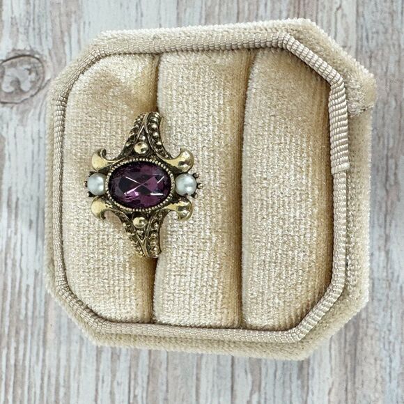 Vtg Avon Queensbury Purple Faux Amethyst Ring Victorian Revival Size 5-6.5 - Picture 5 of 14